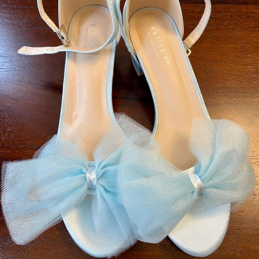 Pale Blue Satin Block Heels with Tulle Bows (Size 10)